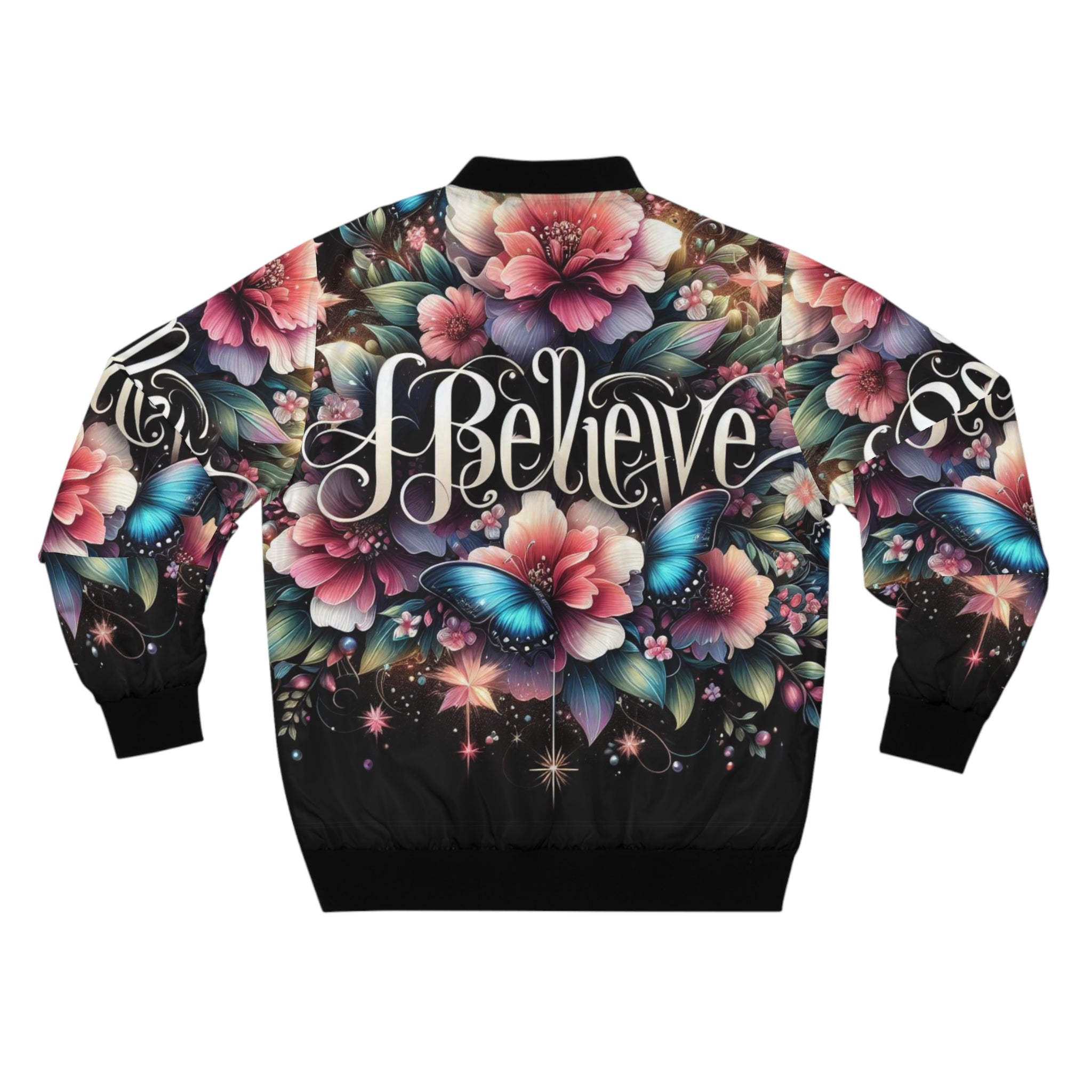 Vintage Floral I Believe Bomber Jacket | Trendy Butterfly Design for Casual Style