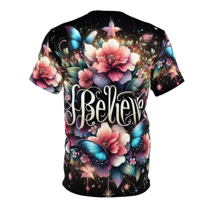 ‘Believe’ Floral Butterfly Unisex Tee - Vibrant Art Tee for Inspiration and Positivity