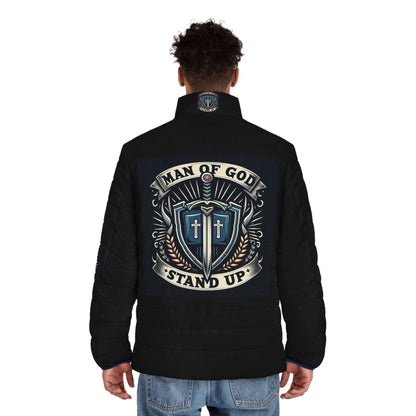 Men's Puffer Jacket - Stand Up Man of God Shield Design