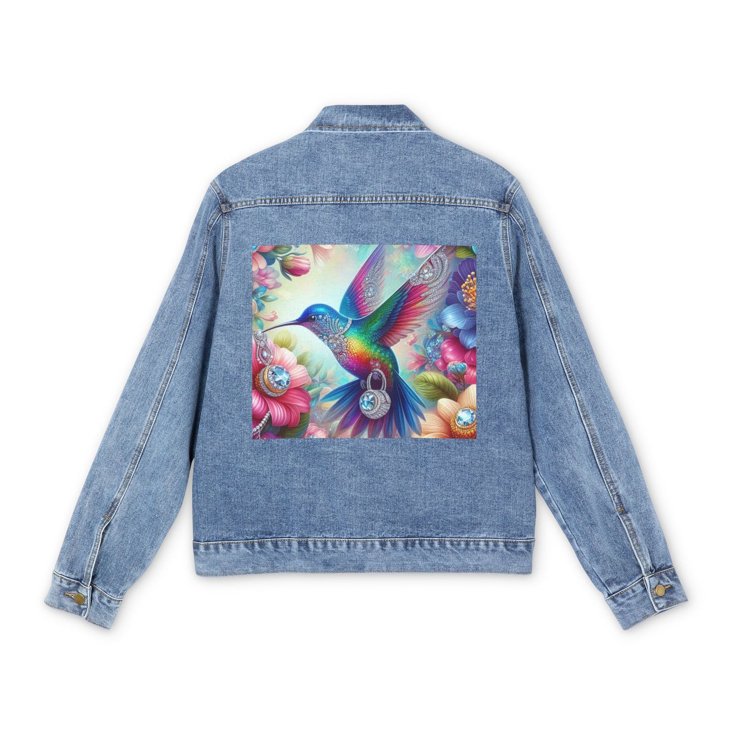 Men's Artistic Denim Jacket with Hummingbird Design