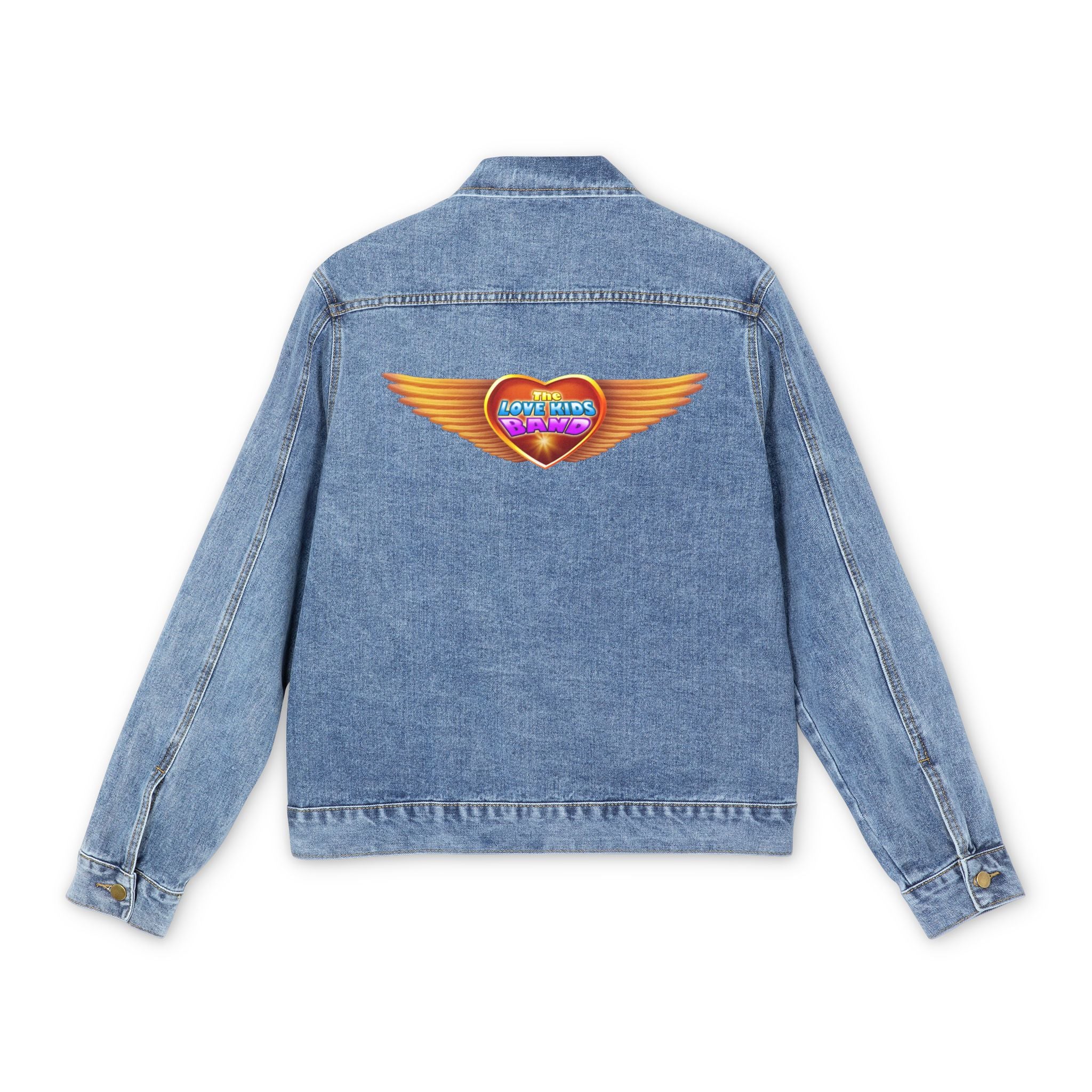 Men's Denim Jacket with Retro Love Kids Band Heart Design – Casual Layering Essential