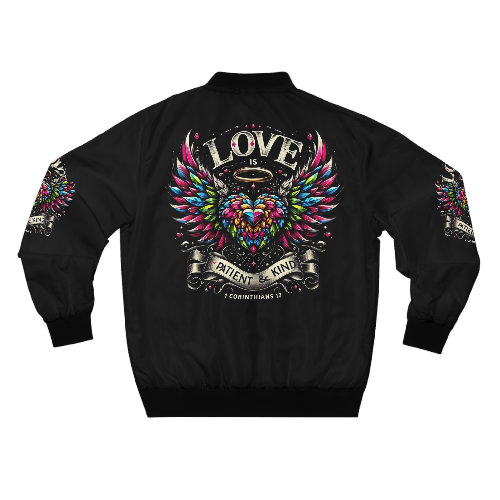 Men's Love Bomber Jacket - Colorful Heart Wings & Inspirational Quote