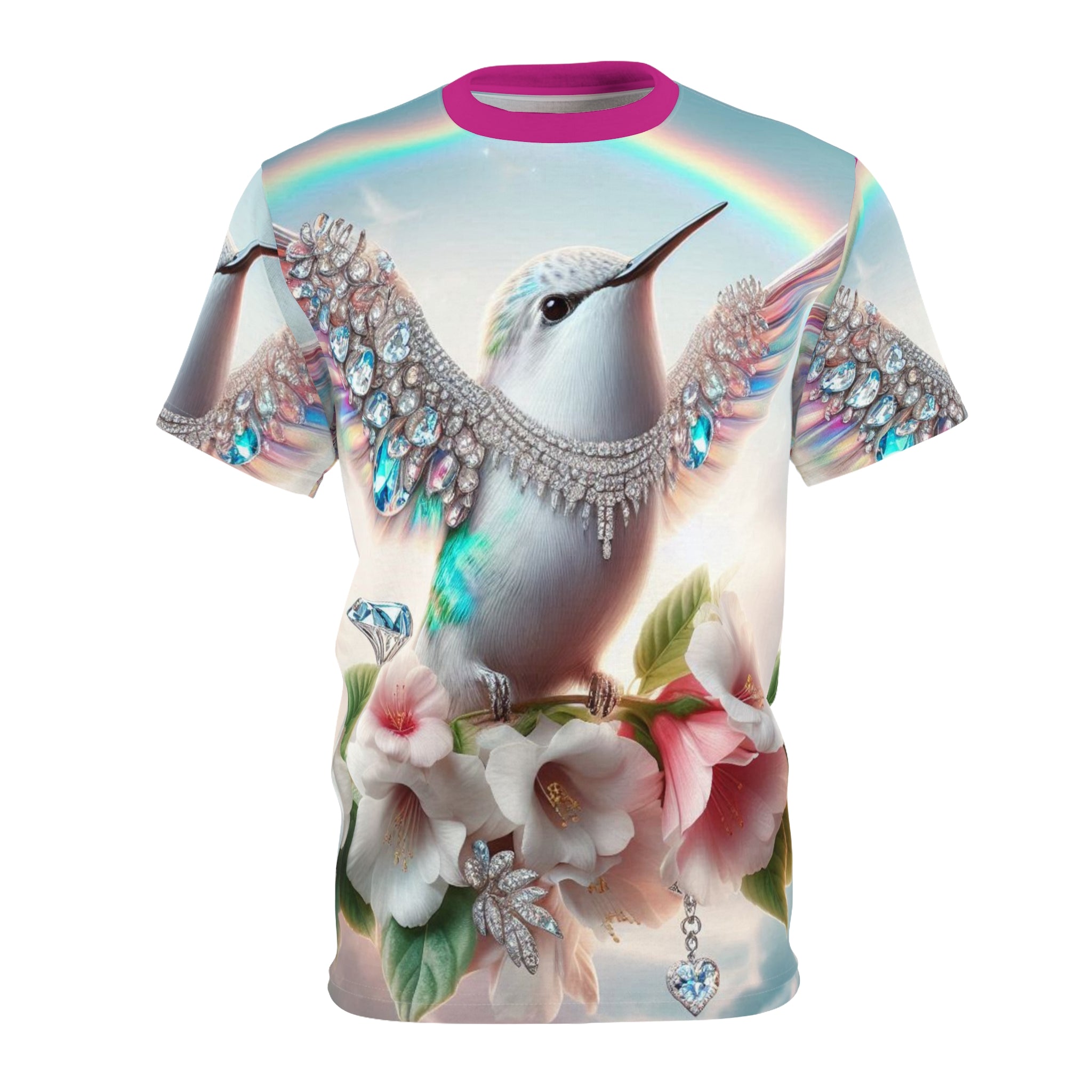 Vibrant Hummingbird Unisex Cut & Sew Tee - Colorful Floral Design for Nature Lovers