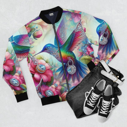 Colorful Hummingbird Bomber Jacket - Vibrant Floral Design for Nature Lovers