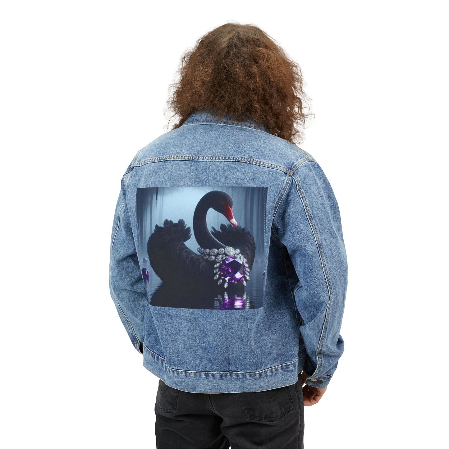 Men's Denim Jacket with Artistic Black Swan Design - Casual Stylish Outerwear