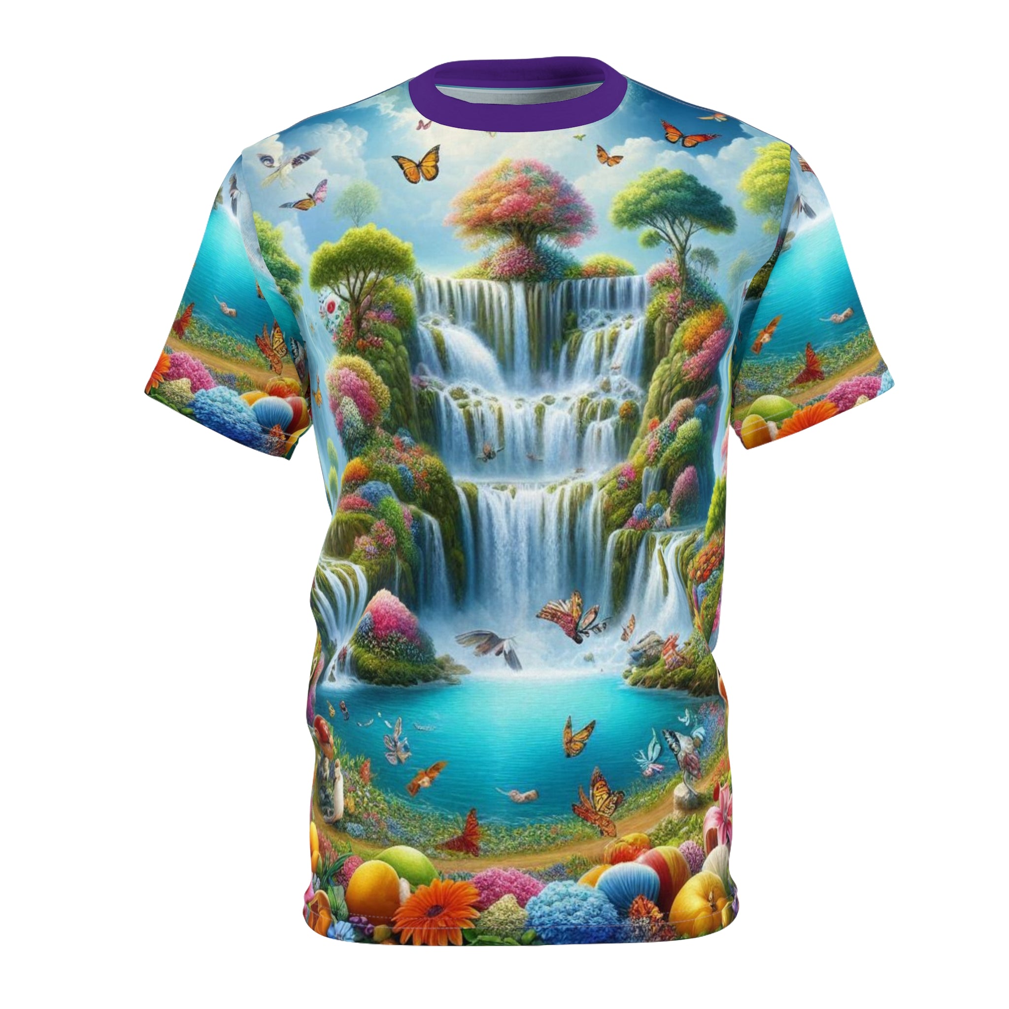 Vibrant Nature Scene Unisex Cut & Sew Tee - Butterfly & Waterfall Design