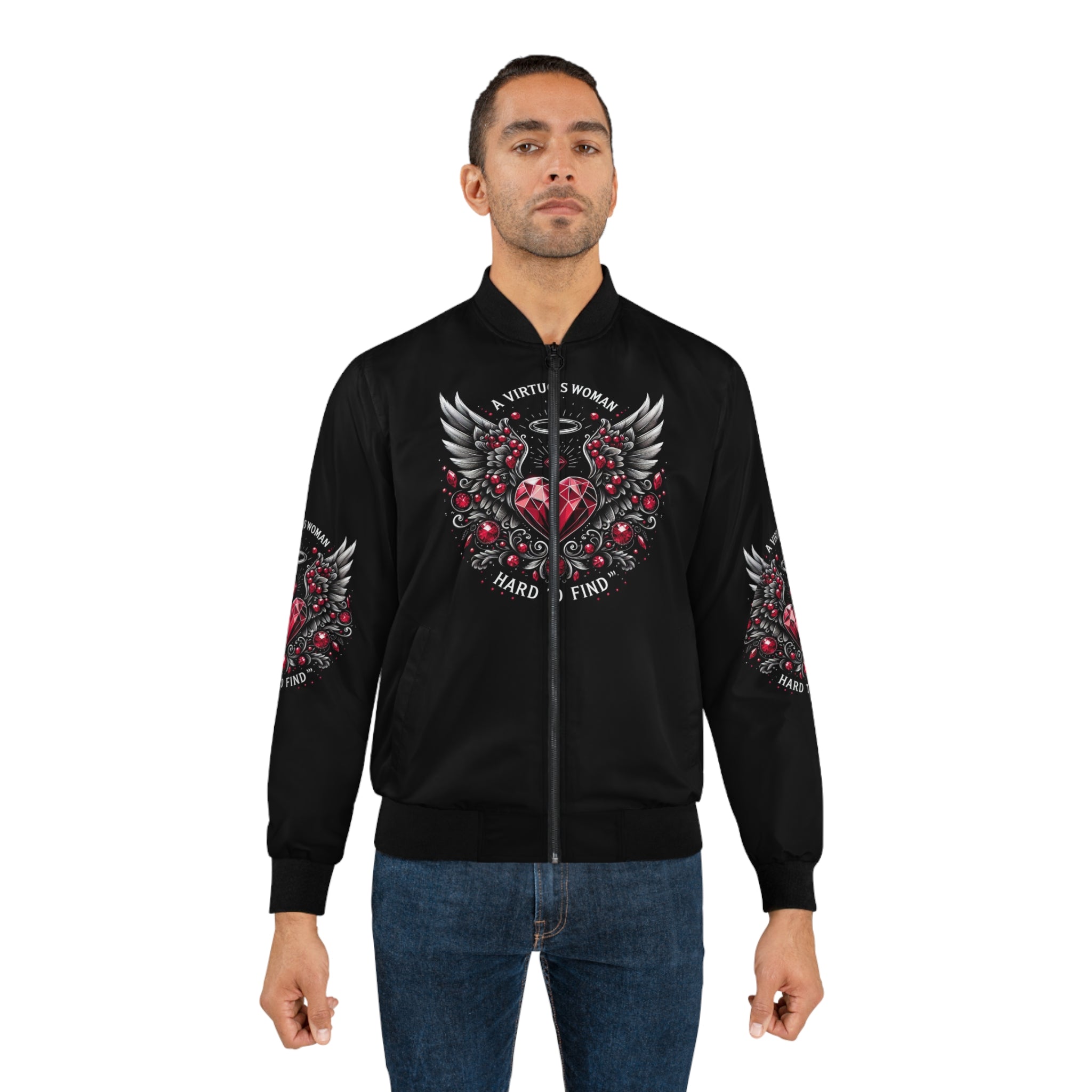 Men's Bomber Jacket - 'A Virtuous Woman' Design with Wings and Hearts