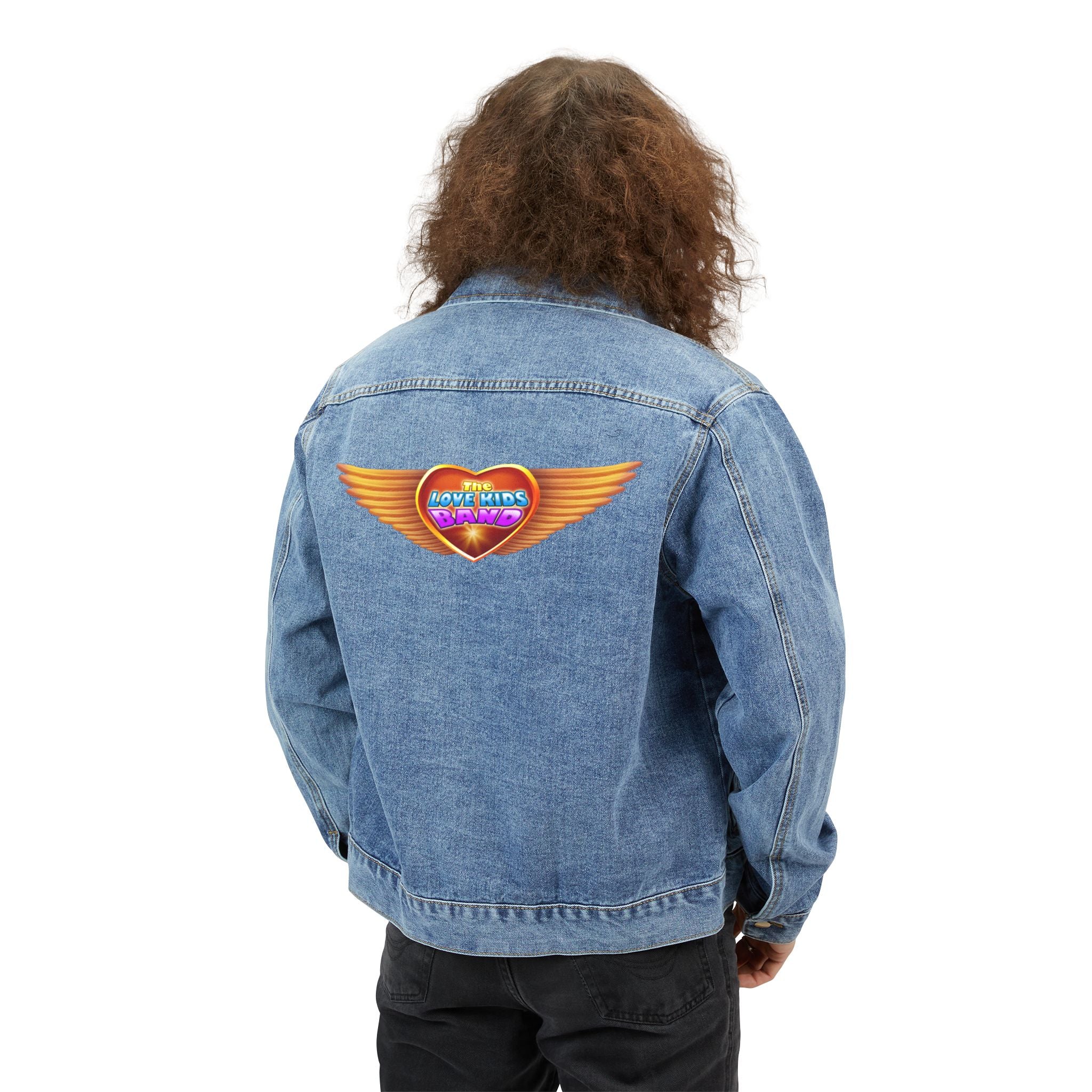 Men's Denim Jacket with Retro Love Kids Band Heart Design – Casual Layering Essential