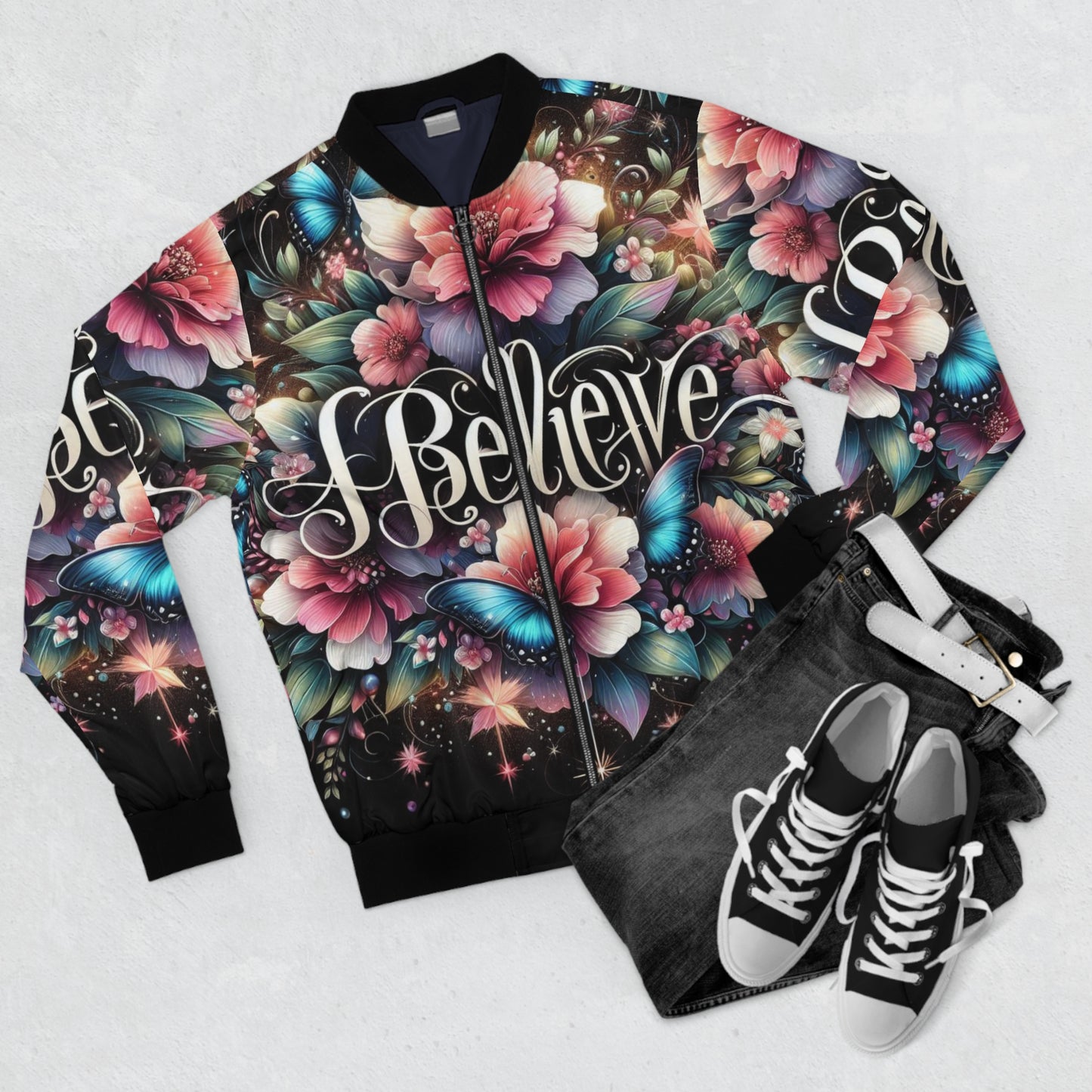 Vintage Floral I Believe Bomber Jacket | Trendy Butterfly Design for Casual Style