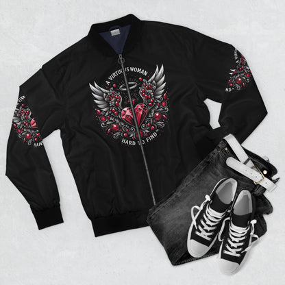 Men's Bomber Jacket - 'A Virtuous Woman' Design with Wings and Hearts