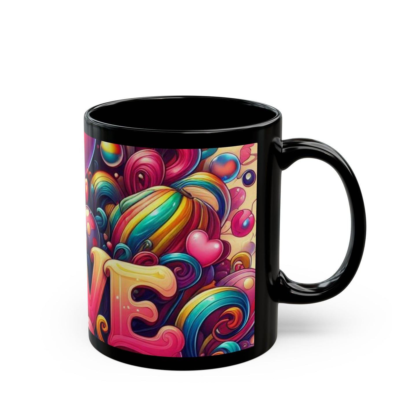 Colorful Love Black Mug – Vibrant Heart Design for Valentine's Day & Everyday Joy