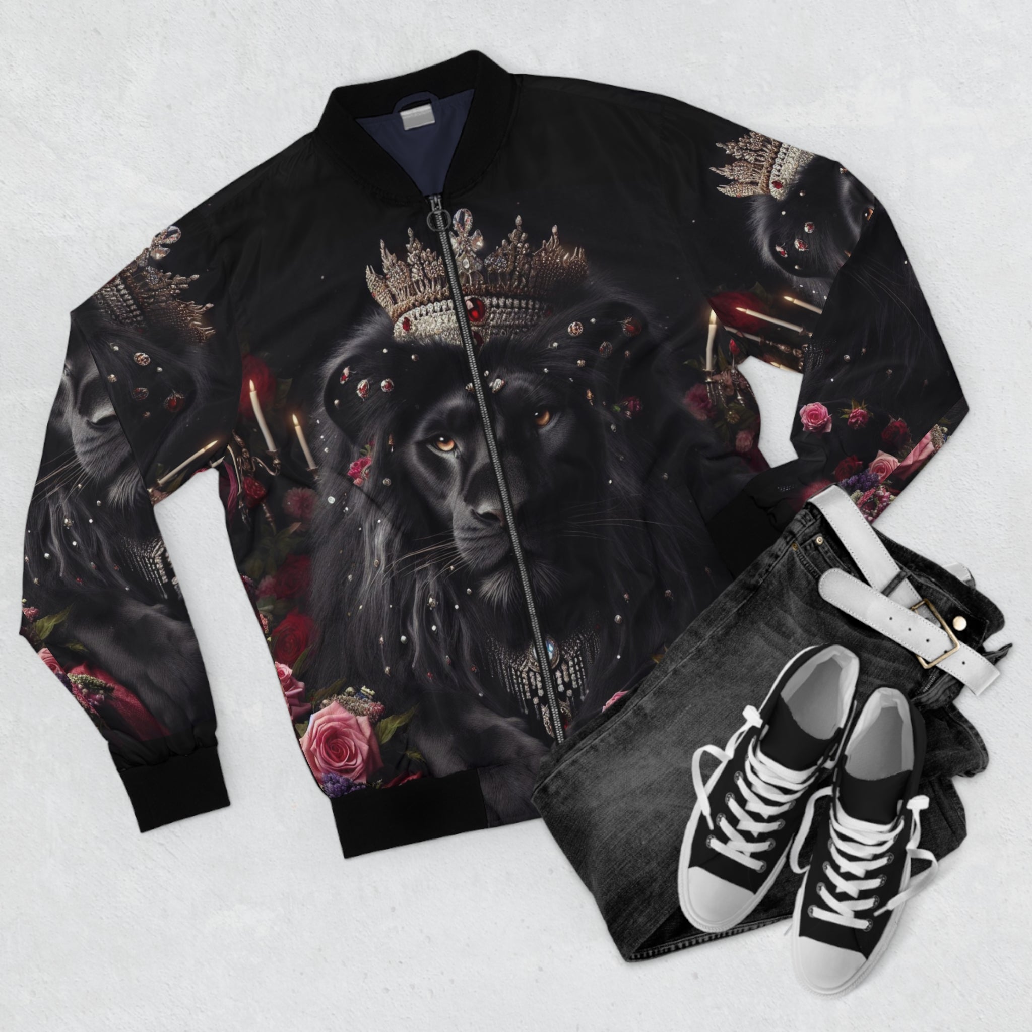 Bomber Jacket with Majestic Lion Design - Bold Streetwear for Animal Lovers