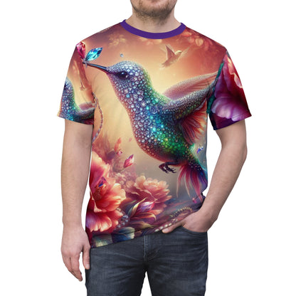 Vibrant Hummingbird Unisex Cut & Sew Tee - Colorful Floral Art T-Shirt