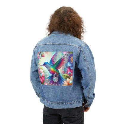 Men's Artistic Denim Jacket with Hummingbird Design