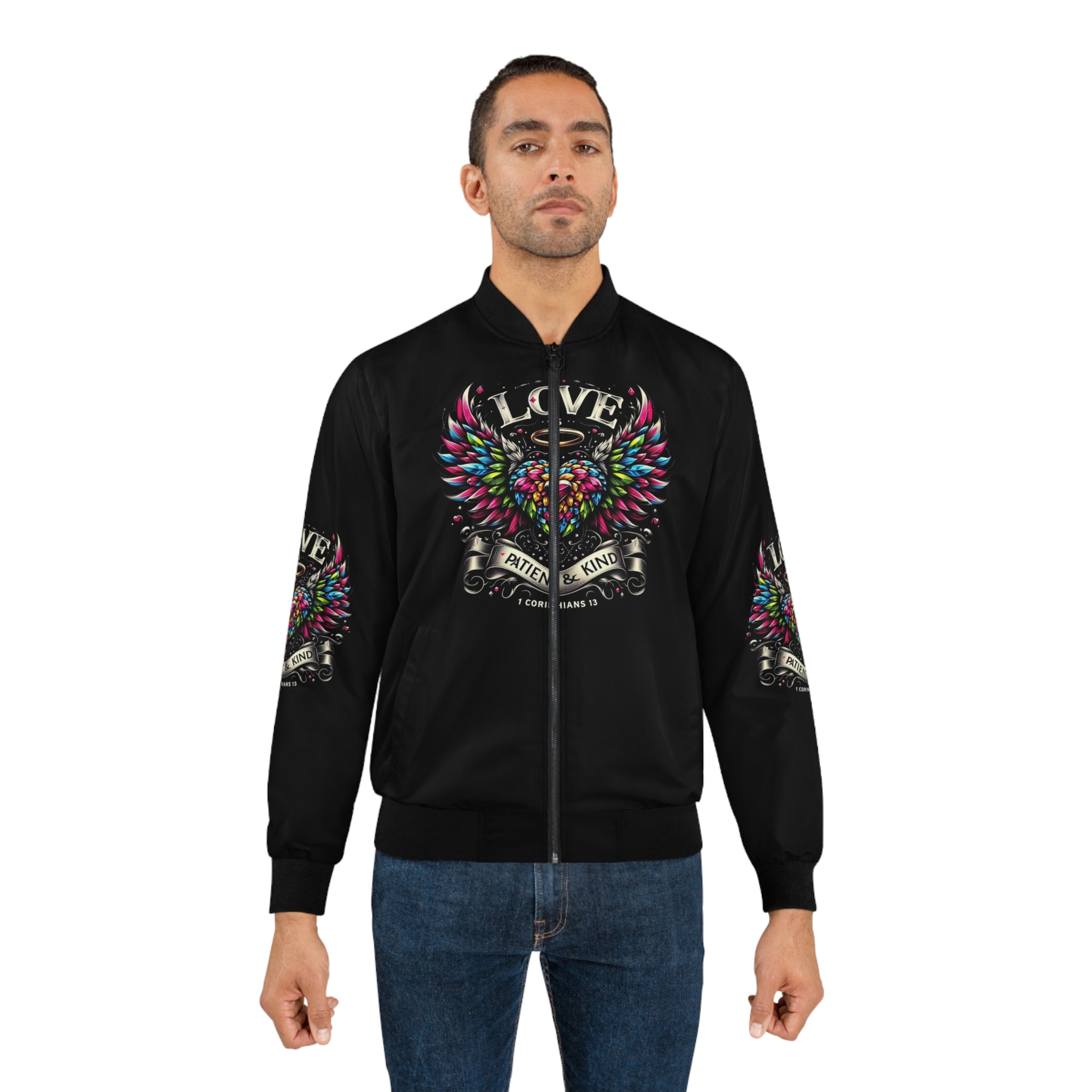 Men's Love Bomber Jacket - Colorful Heart Wings & Inspirational Quote