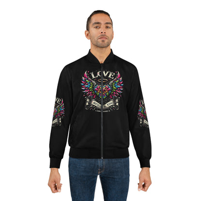 Men's Love Bomber Jacket - Colorful Heart Wings & Inspirational Quote