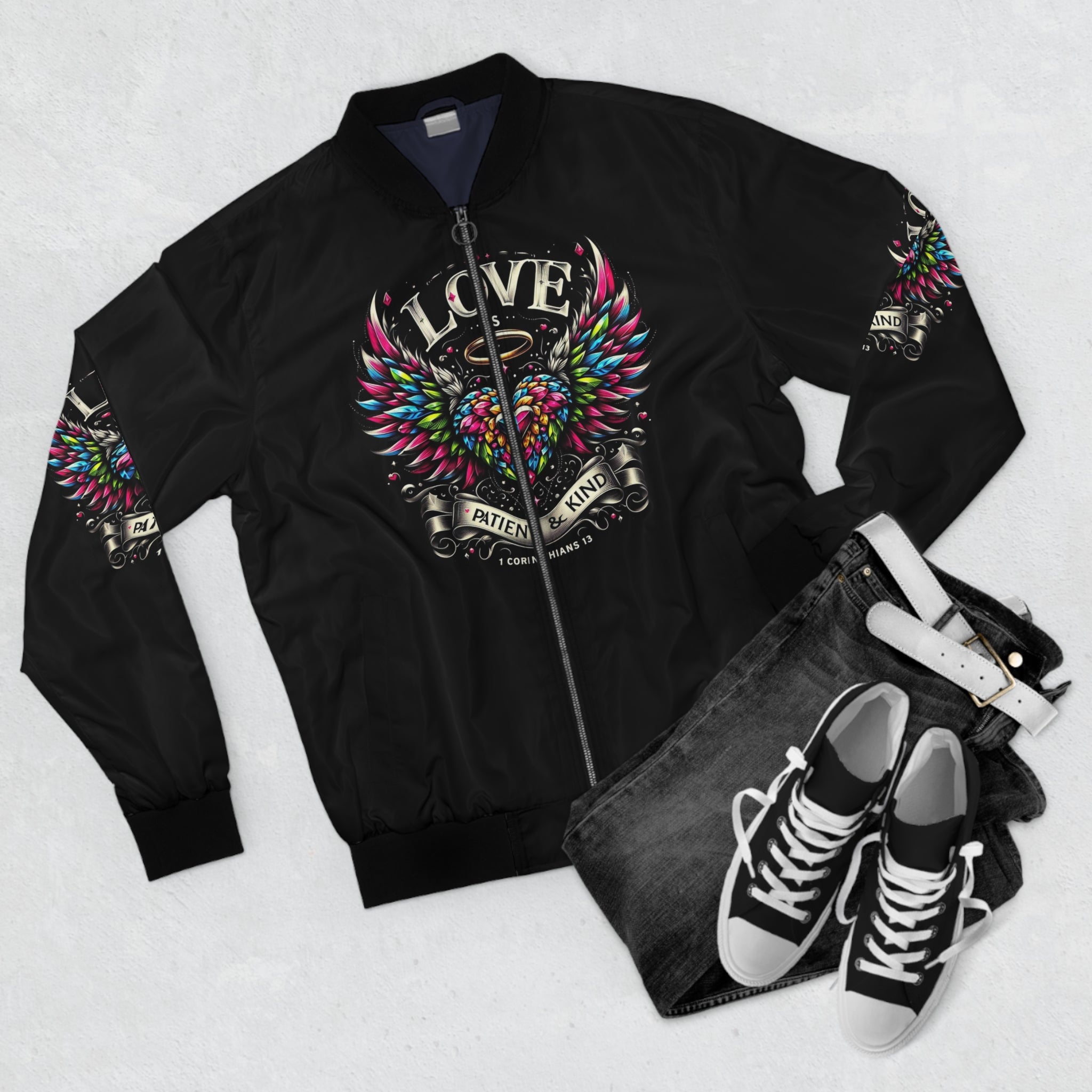 Men's Love Bomber Jacket - Colorful Heart Wings & Inspirational Quote