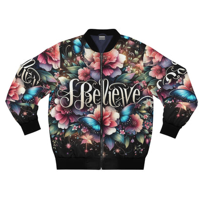 Vintage Floral I Believe Bomber Jacket | Trendy Butterfly Design for Casual Style