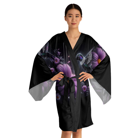 Elegant Floral Long Sleeve Kimono Robe with Hummingbird Design