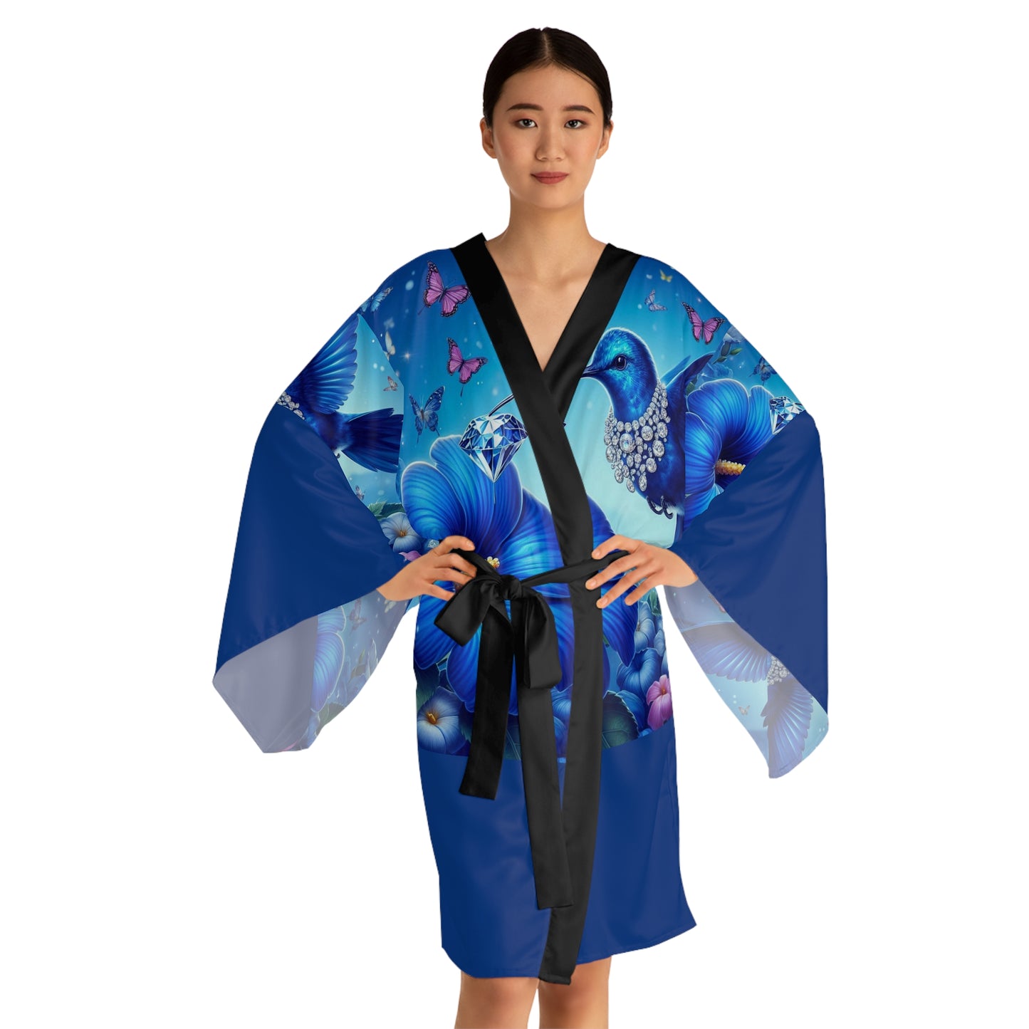 Elegant Floral, Diamond, Blue Humming Bird Long Sleeve Kimono Robe - Perfect for Home Spa Days & Special Occasions