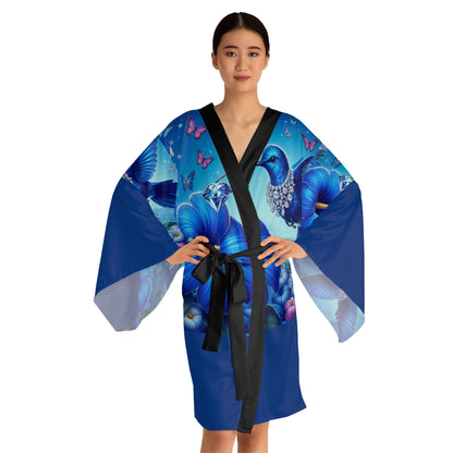 Elegant Floral, Diamond, Blue Humming Bird Long Sleeve Kimono Robe - Perfect for Home Spa Days & Special Occasions