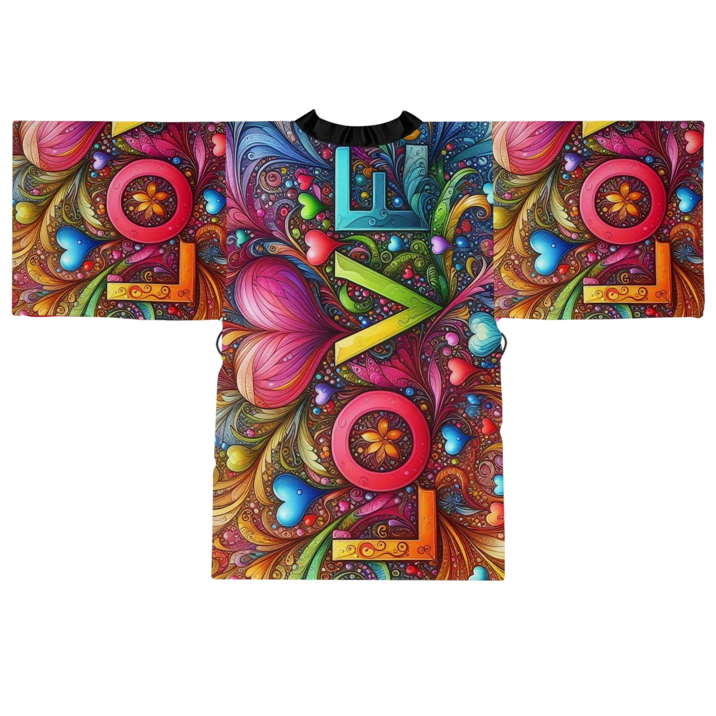 Vibrant Love Pattern Long Sleeve Kimono Robe - Perfect for Relaxation and Self-Care