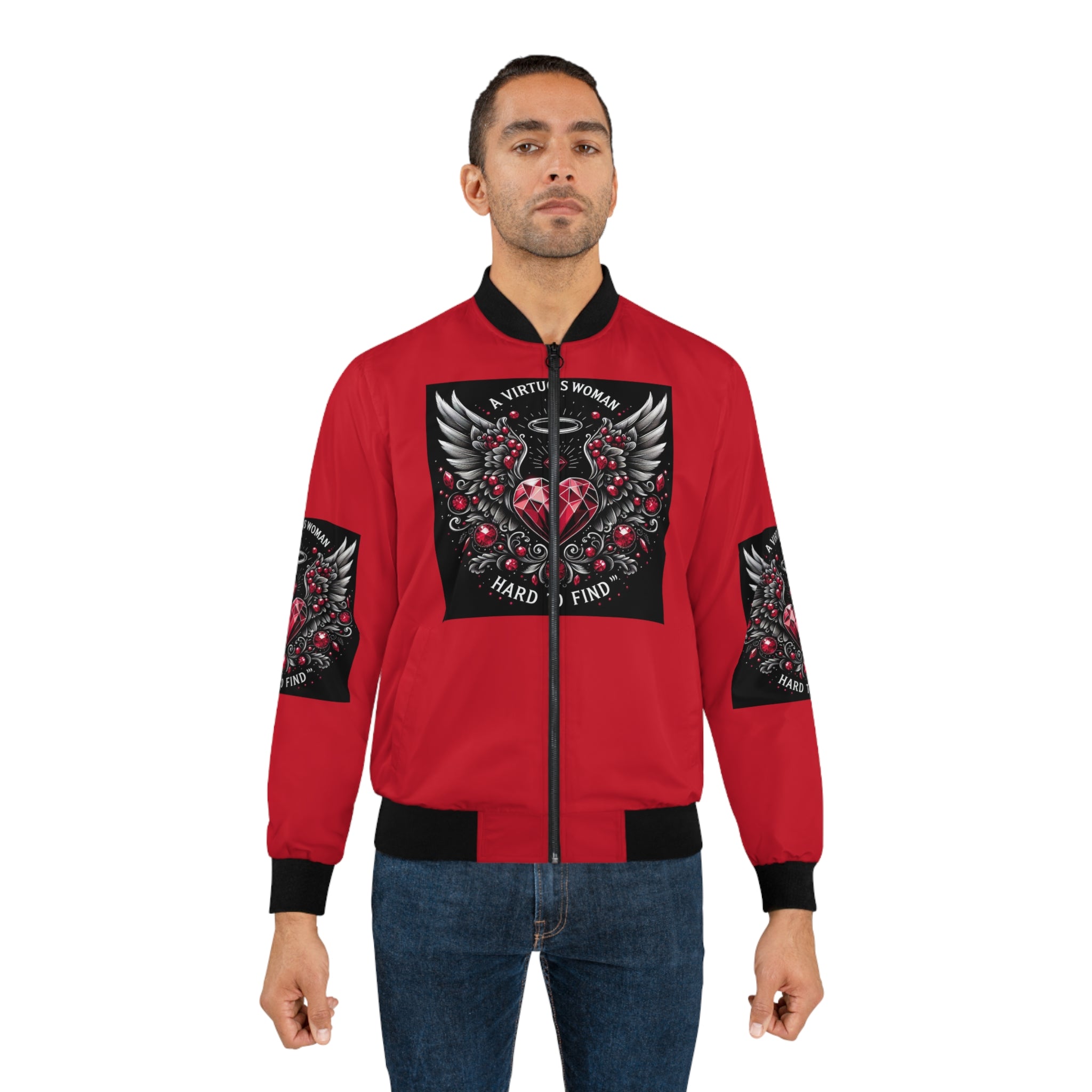 Men's Bomber Jacket - A Virtuous Woman - Red & Black Graphic Design