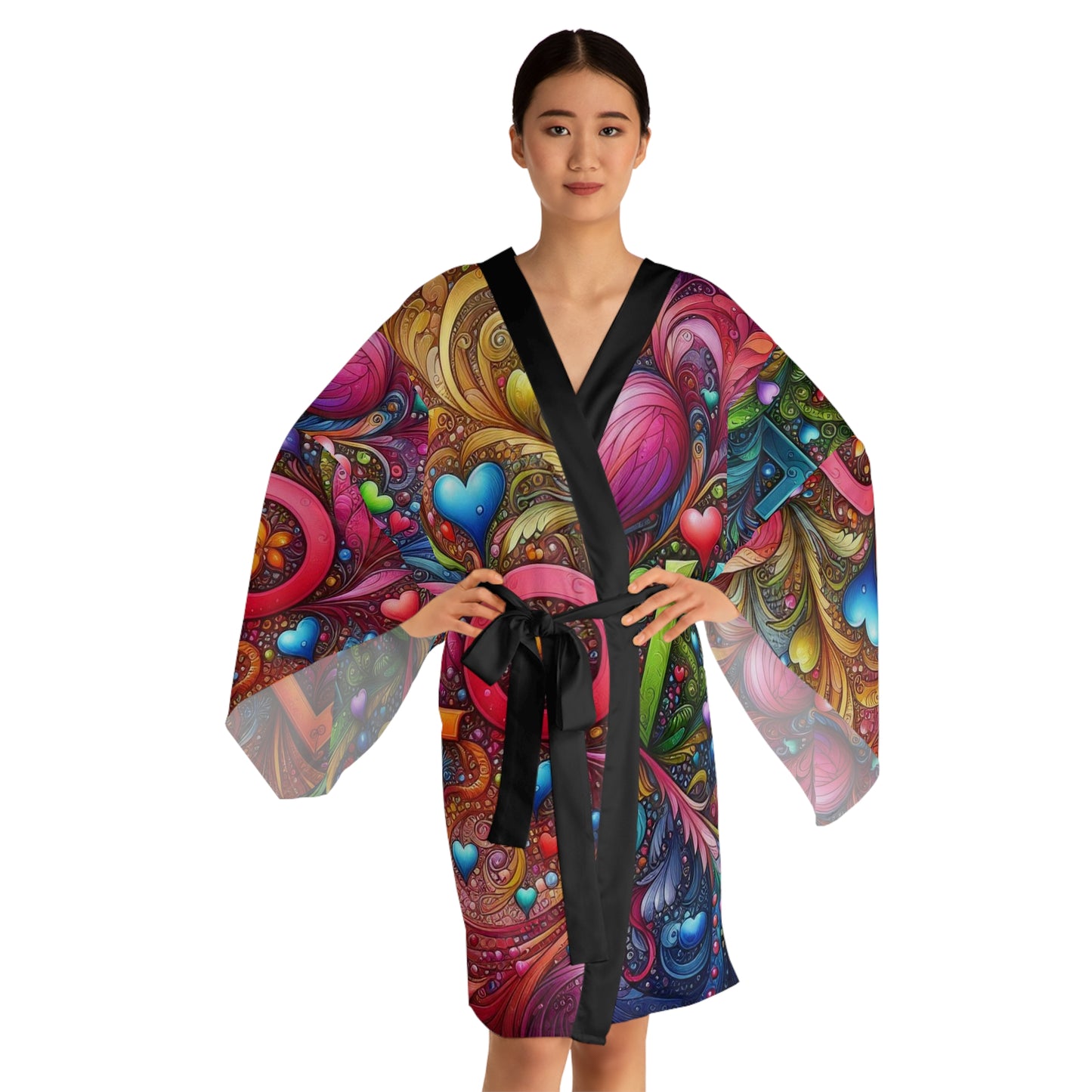 Vibrant Love Pattern Long Sleeve Kimono Robe - Perfect for Relaxation and Self-Care