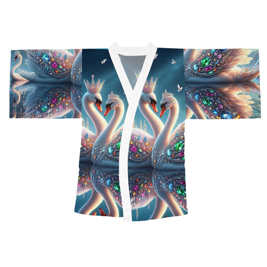 Elegantly Designed Long Sleeve Kimono Robe with Swan Motif - Perfect for Relaxation and Special Occasions