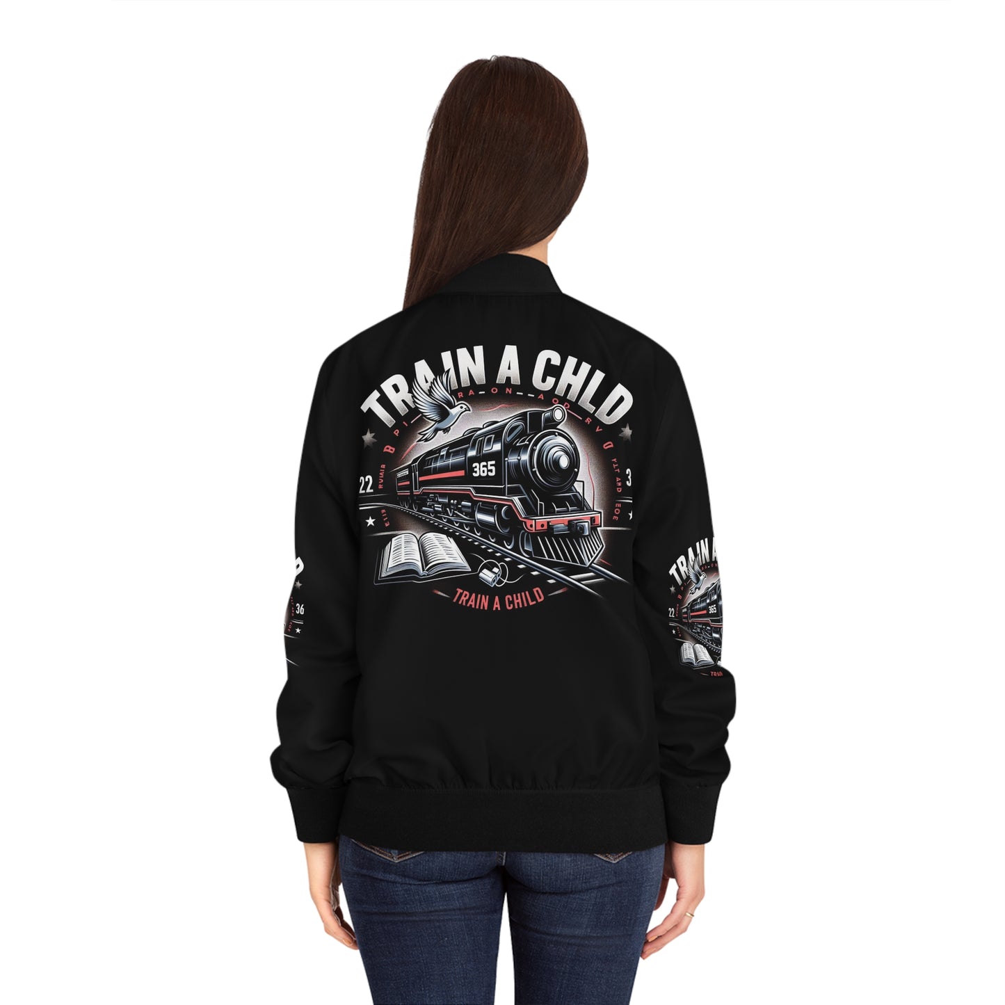 Train a Child Women's Bomber Jacket - Vintage Train Design