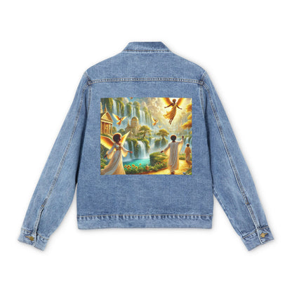 Men's Denim Jacket with Heavenly Artwork - Vibrant Nature and Spiritual Design