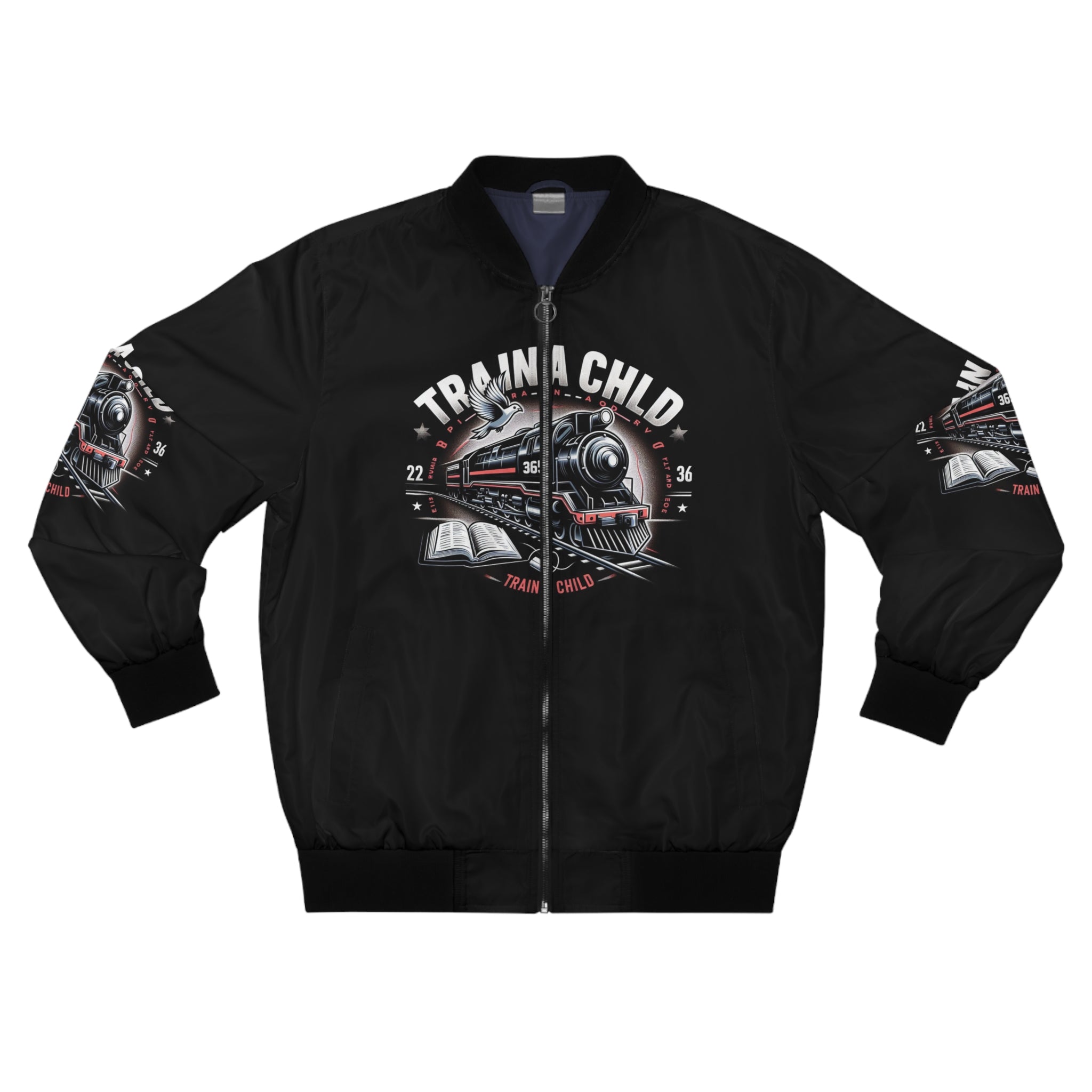 Train A Child Men's Bomber Jacket - Vintage Train Design, Perfect for Young Explorers