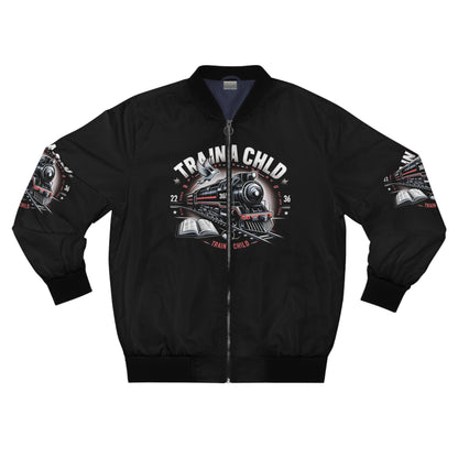 Train A Child Men's Bomber Jacket - Vintage Train Design, Perfect for Young Explorers