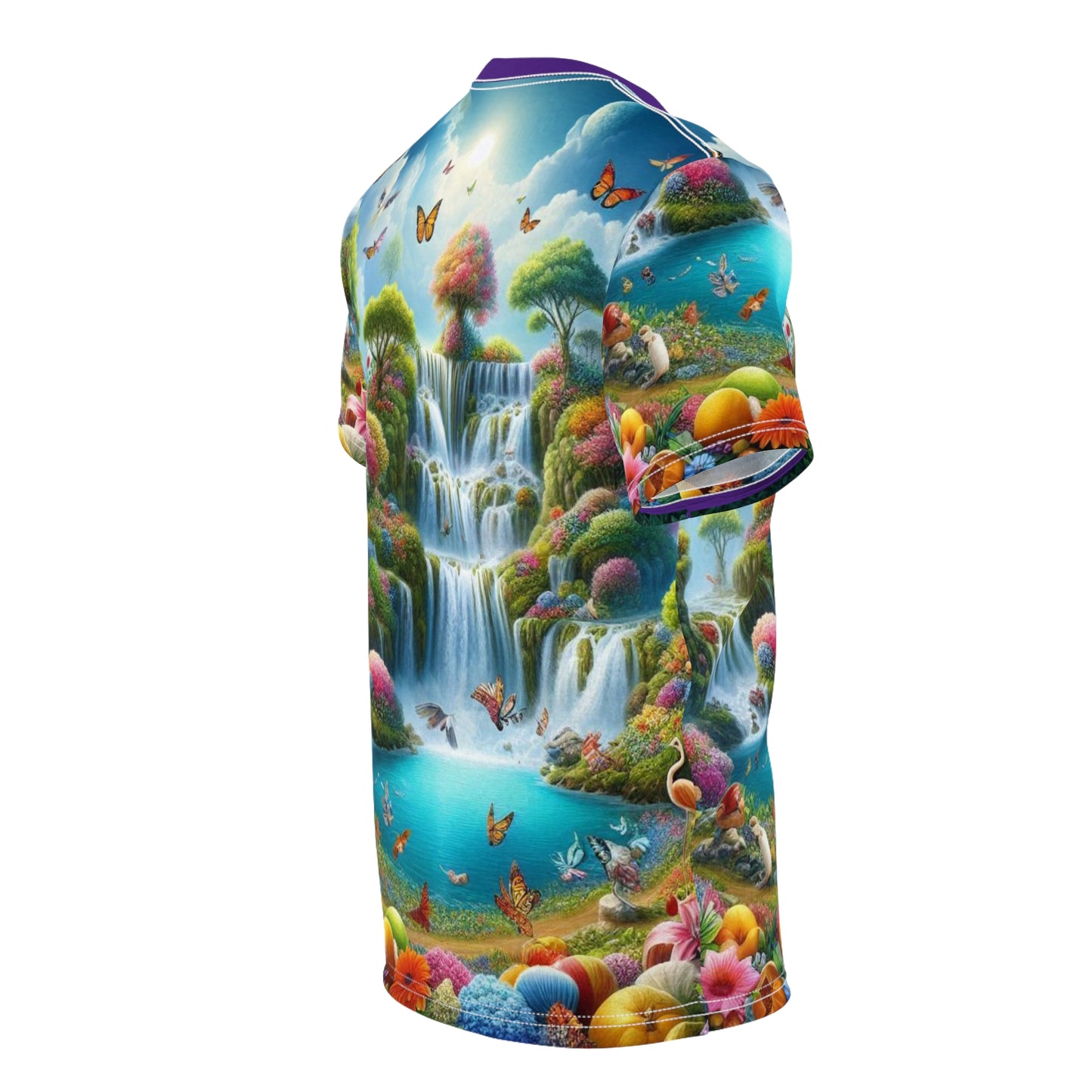 Vibrant Nature Scene Unisex Cut & Sew Tee - Butterfly & Waterfall Design