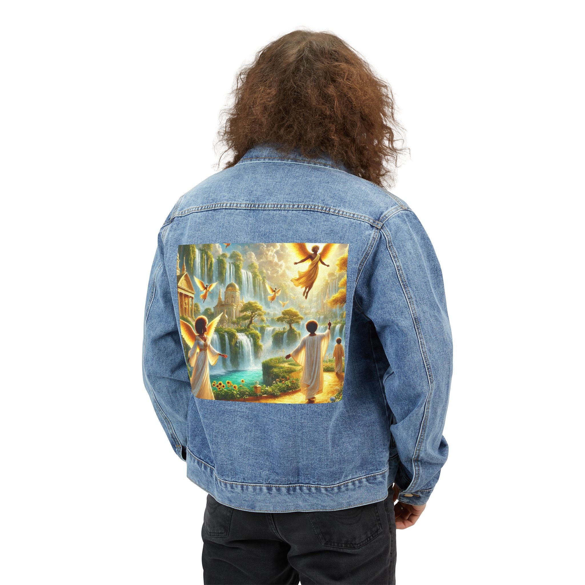 Men's Denim Jacket with Heavenly Artwork - Vibrant Nature and Spiritual Design