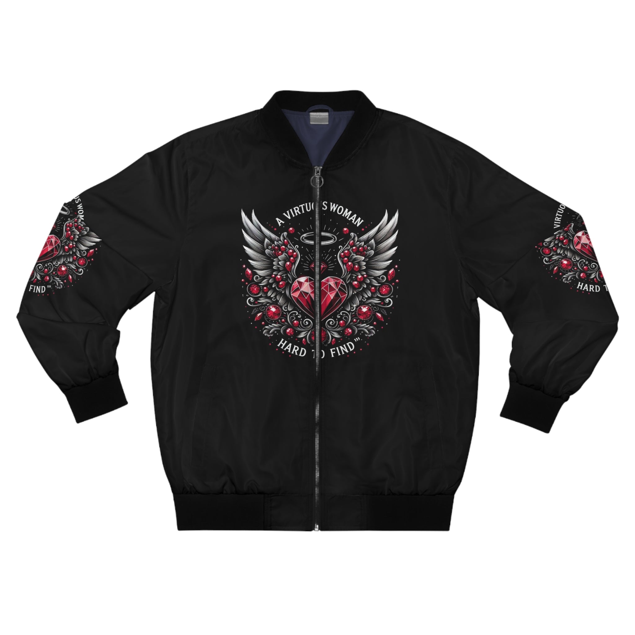 Men's Bomber Jacket - 'A Virtuous Woman' Design with Wings and Hearts