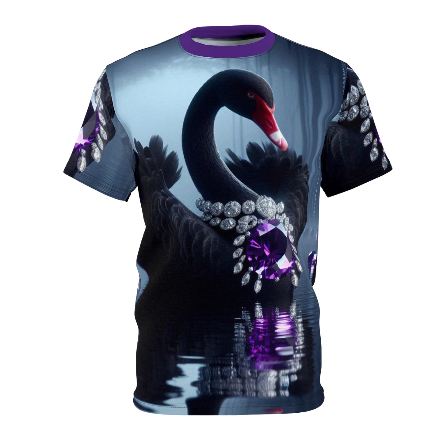 Majestic Swan Unisex Cut & Sew Tee - Elegant Graphic Shirt with Shiny Gemstones