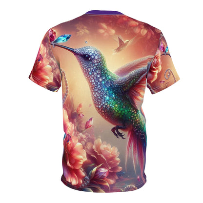 Vibrant Hummingbird Unisex Cut & Sew Tee - Colorful Floral Art T-Shirt