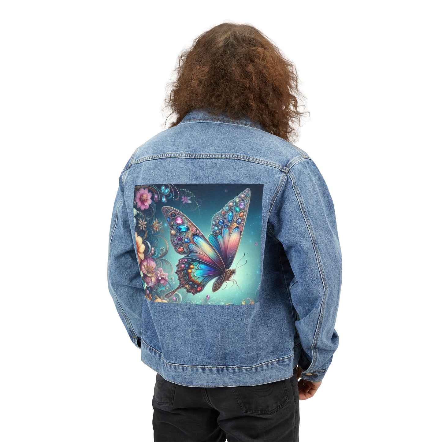 Men's Denim Jacket with Colorful Butterfly Design - Stylish Casual Outerwear