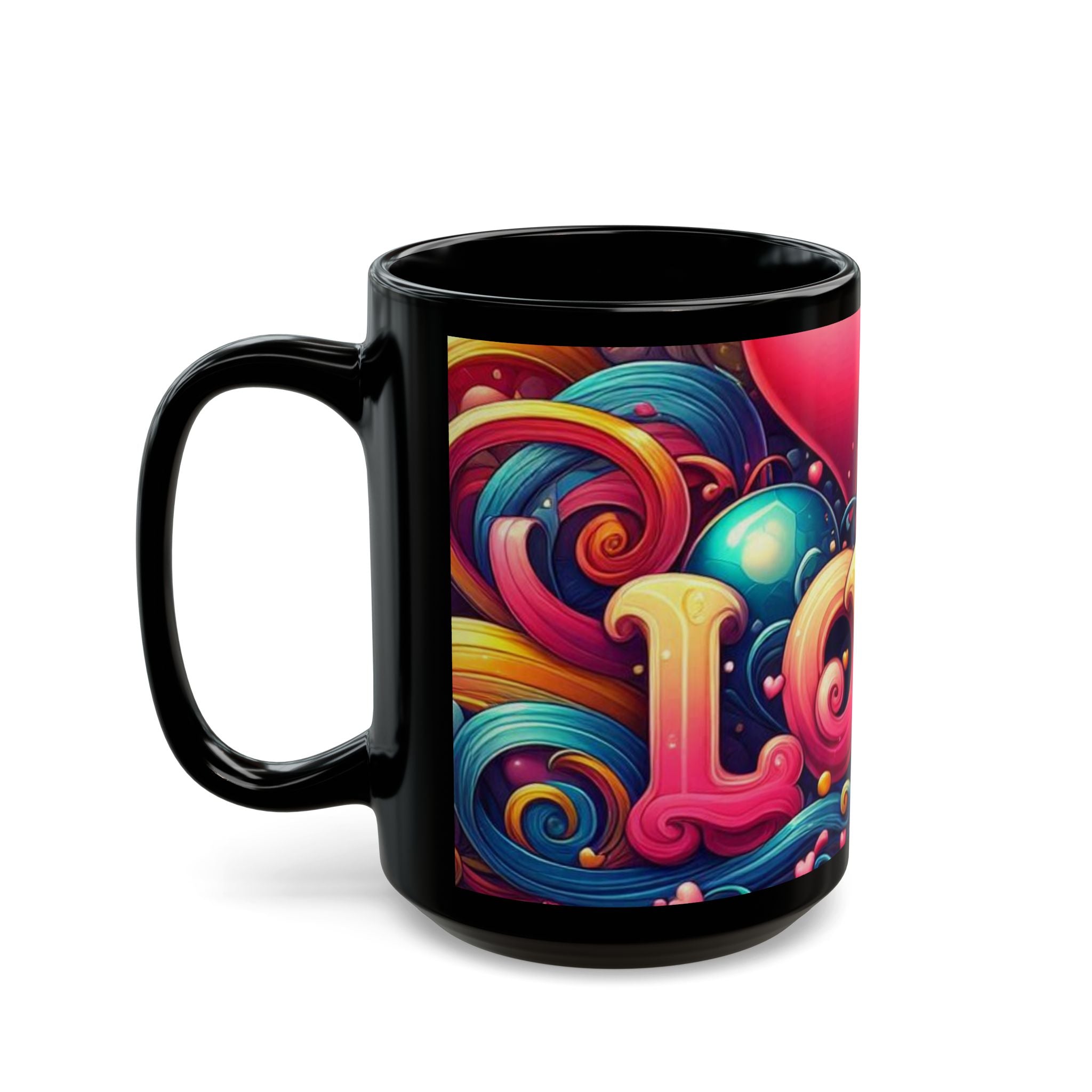 Colorful Love Black Mug – Vibrant Heart Design for Valentine's Day & Everyday Joy