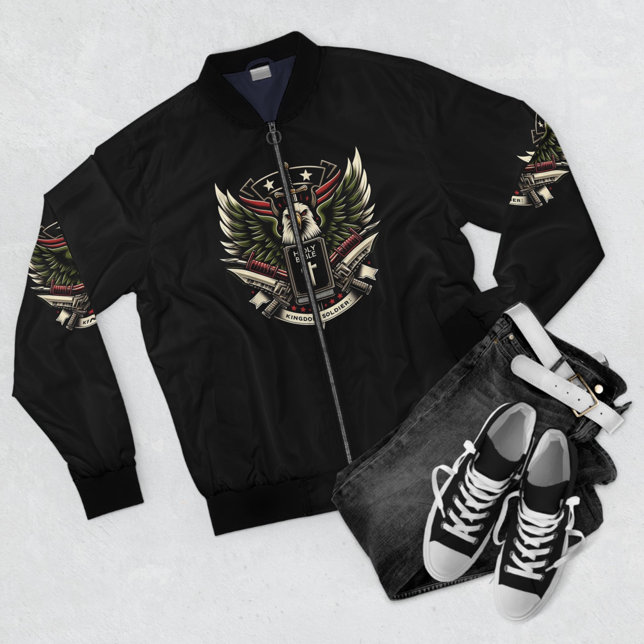 Men's Bomber Jacket with Bold Eagle Design - Military Style Outerwear