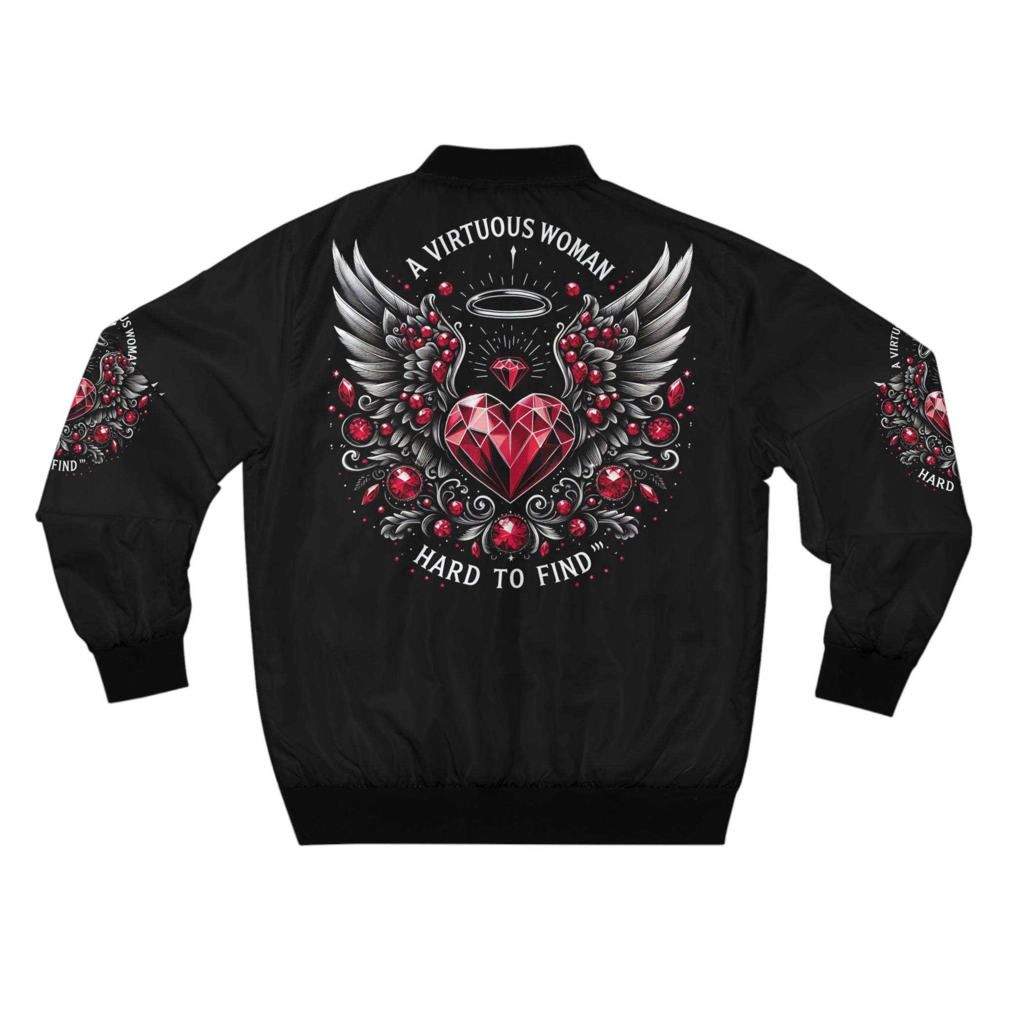 Men's Bomber Jacket - 'A Virtuous Woman' Design with Wings and Hearts