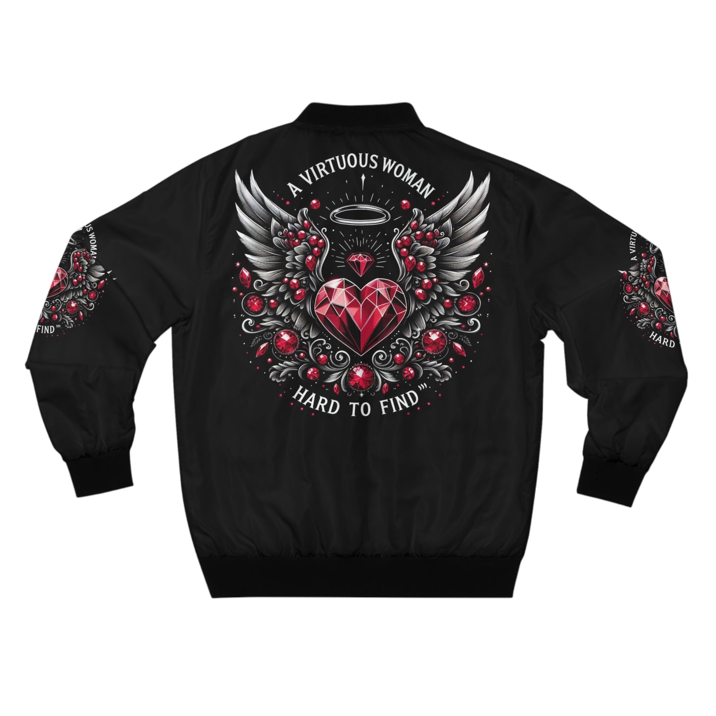 Men's Bomber Jacket - 'A Virtuous Woman' Design with Wings and Hearts