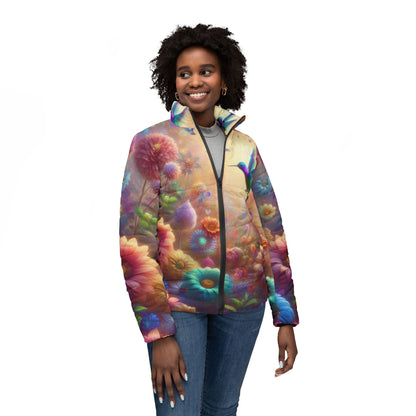 Vibrant Floral Hummingbird Women’s Puffer Jacket - Colorful Winter Outerwear for Nature Lovers