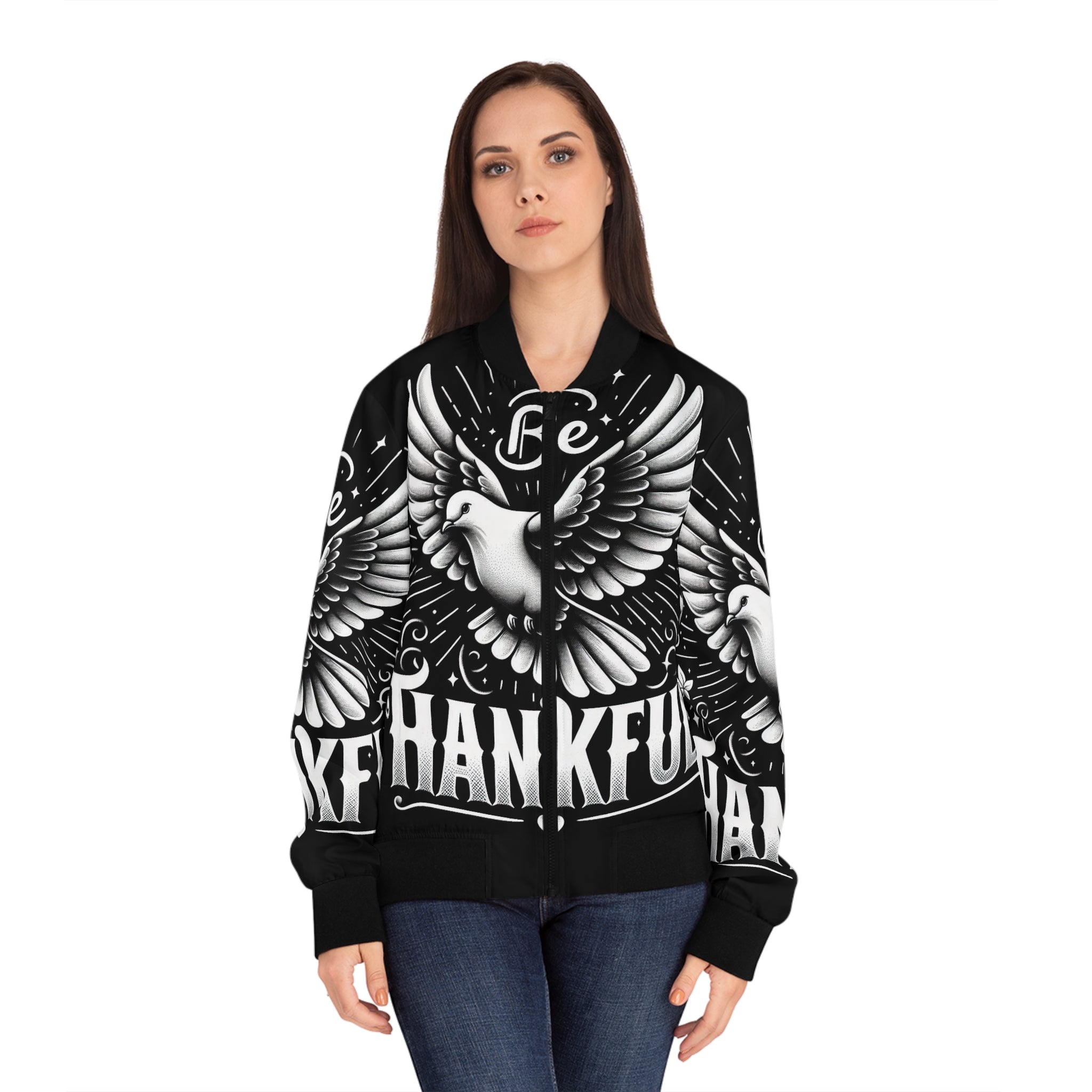 Women's Thankful Bomber Jacket - Stylish, Inspirational Outerwear for Everyday Wear