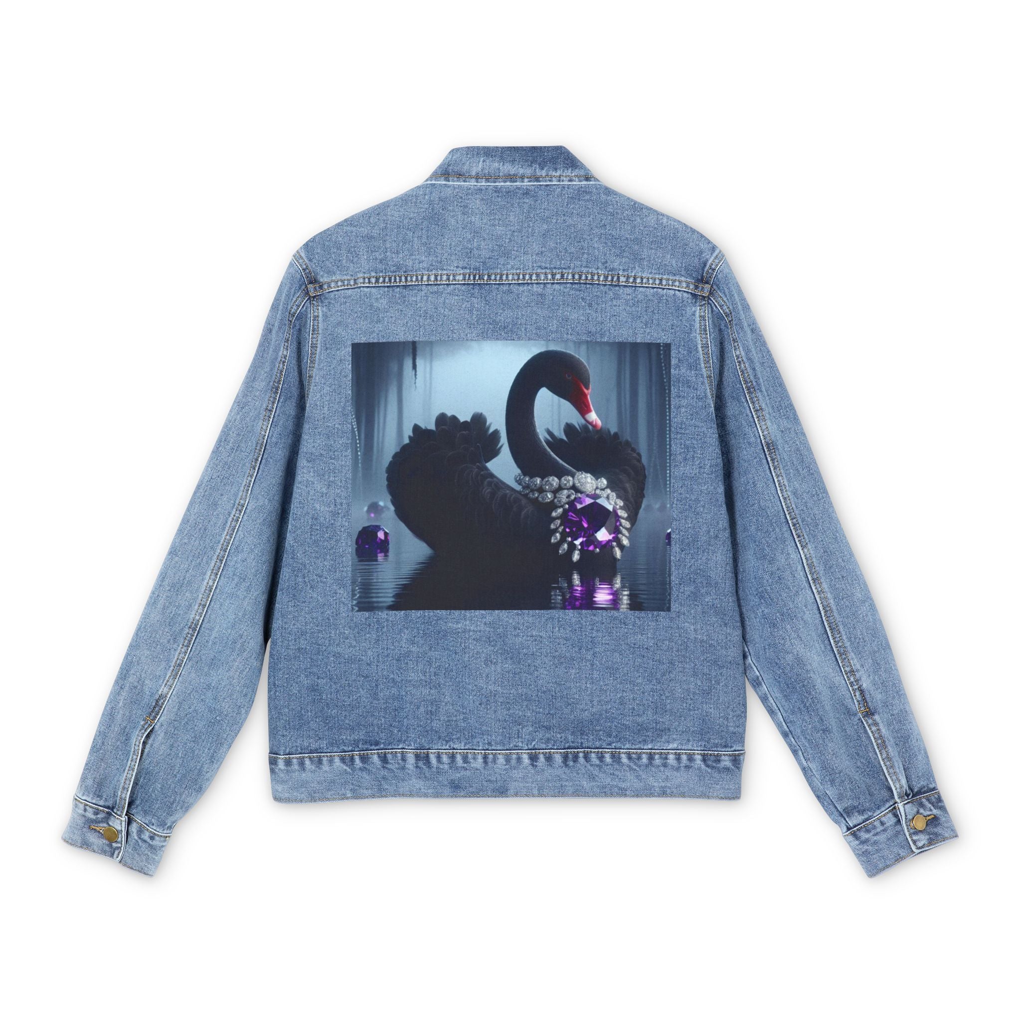 Men's Denim Jacket with Artistic Black Swan Design - Casual Stylish Outerwear