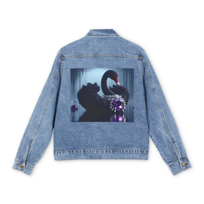 Men's Denim Jacket with Artistic Black Swan Design - Casual Stylish Outerwear