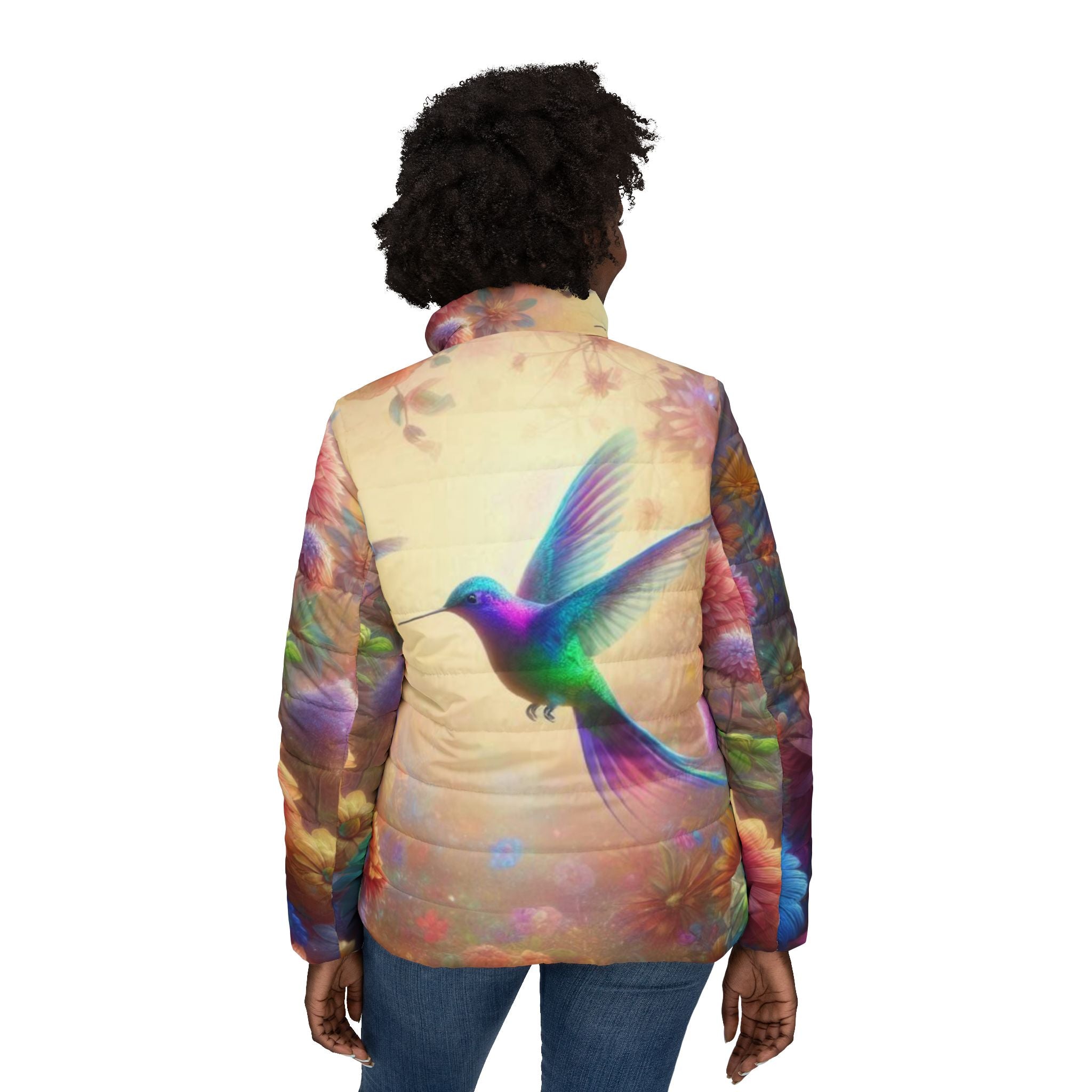 Vibrant Floral Hummingbird Women’s Puffer Jacket - Colorful Winter Outerwear for Nature Lovers