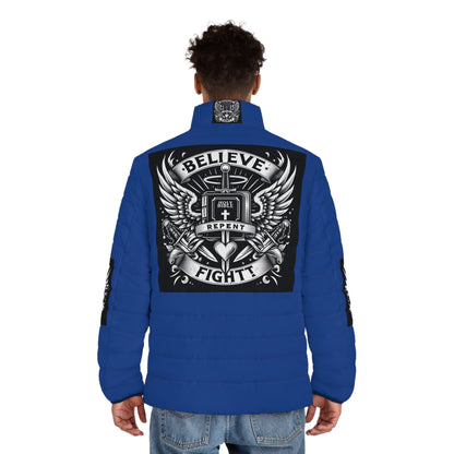 Men's Puffer Jacket - Believe, Repent, Fight - Stylish Winter Outerwear