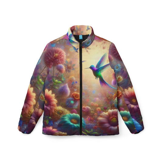 Vibrant Floral Hummingbird Women’s Puffer Jacket - Colorful Winter Outerwear for Nature Lovers